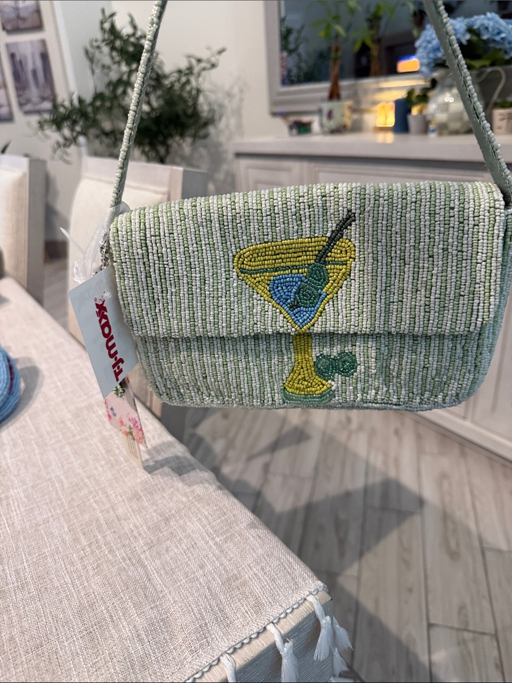 Beaded Light Green Cocktail Motif Shoulder Clutch